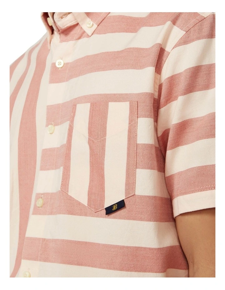Ben Sherman Patchwork Candy Stripe Short Sleeve Shirt In Dark Pink 3 Ben Sherman Patchwork Candy Stripe Short Sleeve Shirt In Dark Pink - Image 3
