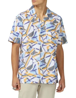 Ben Sherman Ripple Print Cuban Collar Short Sleeve Shirt In White