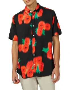 Ben Sherman Blurred Floral Short Sleeve Mod Shirt In Black