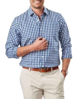 Gazman Non-Iron Oxford Check Long Sleeve Shirt In Navy