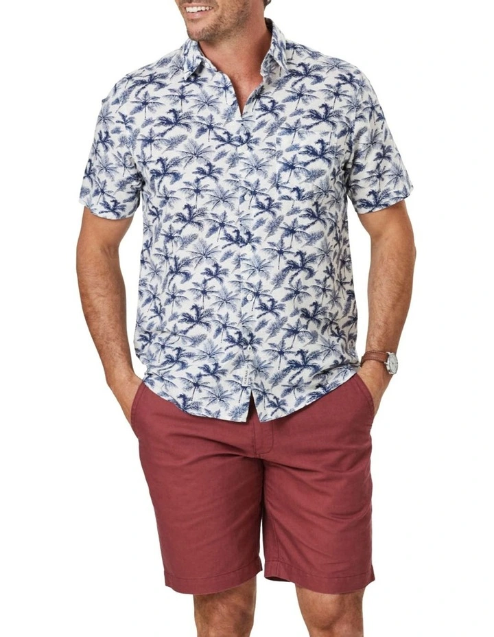 Gazman Linen Blend Palm Print Short Sleeve Shirt In White 1 Gazman Linen Blend Palm Print Short Sleeve Shirt In White