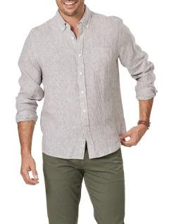Gazman Pure French Linen Fine Stripe Long Sleeve Shirt In Brown