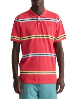 Gant Narrow Stripe Pique Rugger Polo In Watermelon Pink