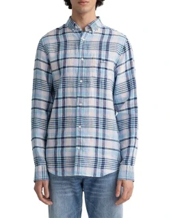 Gant Regular Linen Madras Long Sleeve Shirt In Capri Blue