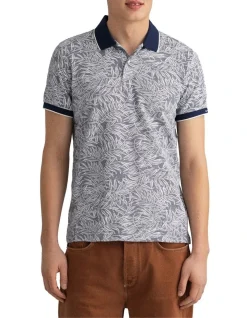 Gant Leaf Print Pique Rugger Polo In Evening Blue