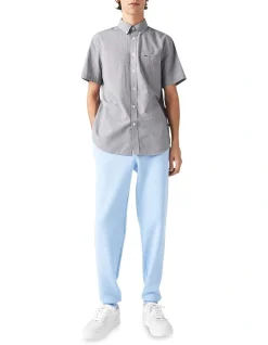 Lacoste Short Sleeve Gingham Poplin Shirt In White/Navy