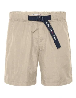 Tommy Jeans Logo Belted Beach Shorts In Beige