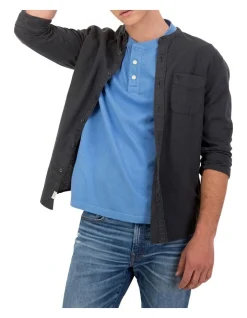 American Eagle Band Collar Linen Shirt In Dark Grey