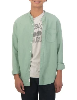 American Eagle Linen Band Collar Button-Up Shirt In Green