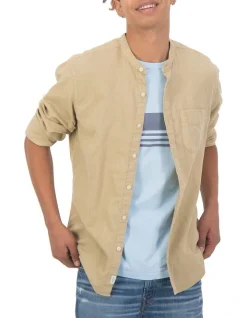 American Eagle Linen Band Collar Button-Up Shirt In Khaki