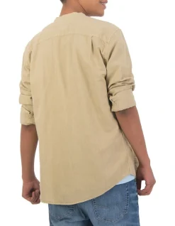 Alternative view of American Eagle Linen Band Collar Button-Up Shirt In Khaki