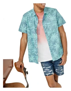American Eagle AE Tropical Button-Up Resort Shirt In Teal