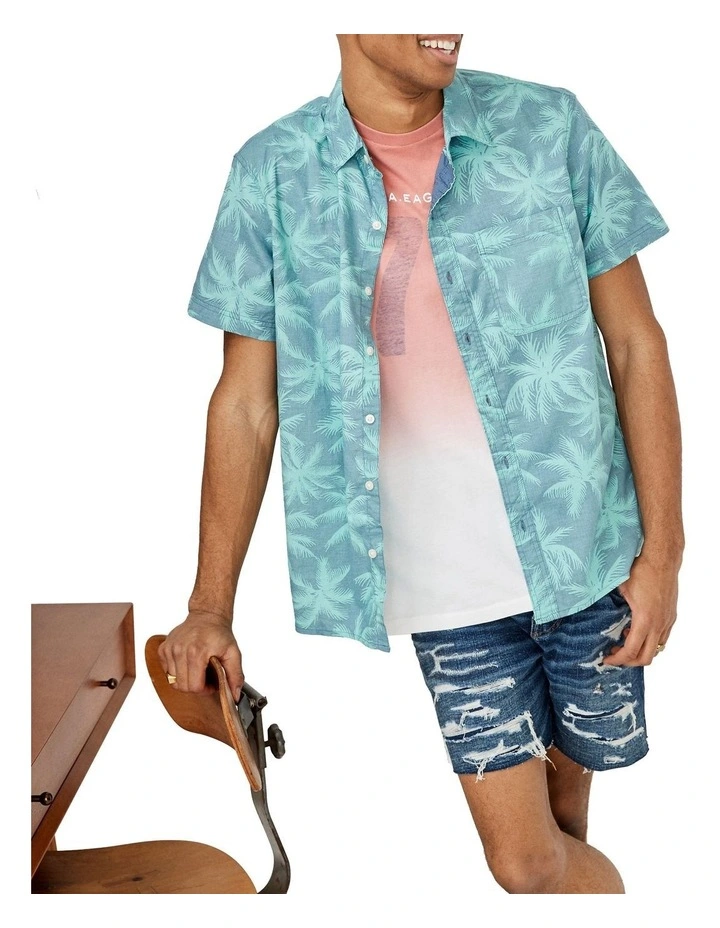 American Eagle AE Tropical Button-Up Resort Shirt In Teal 1 American Eagle AE Tropical Button-Up Resort Shirt In Teal