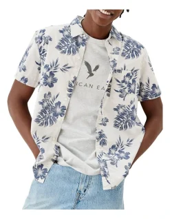 American Eagle Tropical Button-Up Resort Shirt In White/Blue
