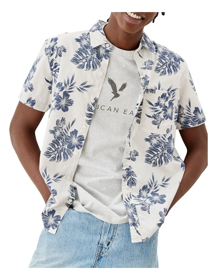 American Eagle Tropical Button-Up Resort Shirt In White/Blue