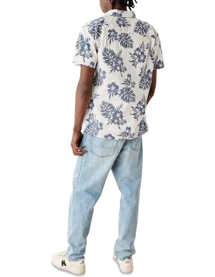 American Eagle Tropical Button-Up Resort Shirt In White/Blue - Image 2