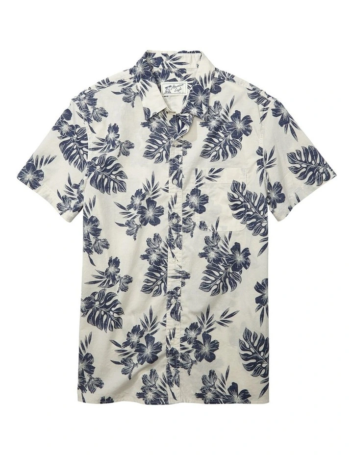 American Eagle Tropical Button-Up Resort Shirt In White/Blue - Image 3