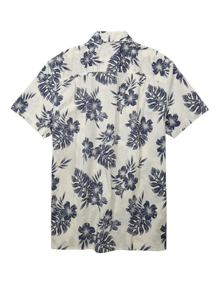 American Eagle Tropical Button-Up Resort Shirt In White/Blue - Image 4