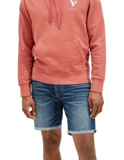 American Eagle AE AirFlex Patched Move-Free Athletic Denim Short In Dark Wash