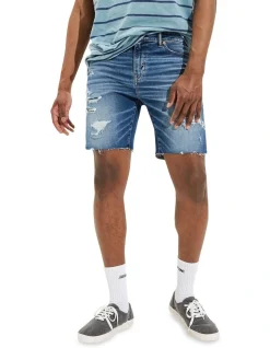 American Eagle AirFlex 9" Athletic Denim Short In Medium Destroy