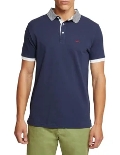 Oxford Dylan Striped Collar Pique Polo In Blue