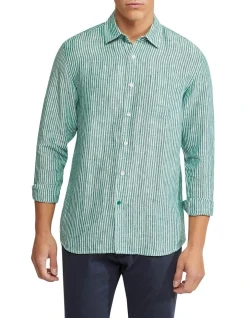 Oxford Holloway Pure Linen Striped Shirt In Green