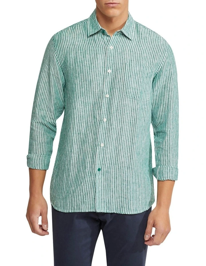 Oxford Holloway Pure Linen Striped Shirt In Green