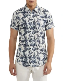 Oxford Tottenham Linen Rayon Printed Shirt In Navy/White