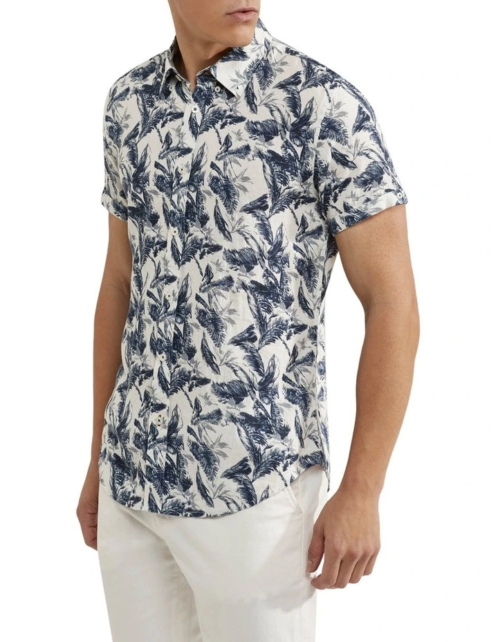 Oxford Tottenham Linen Rayon Printed Shirt In Navy/White - Image 2