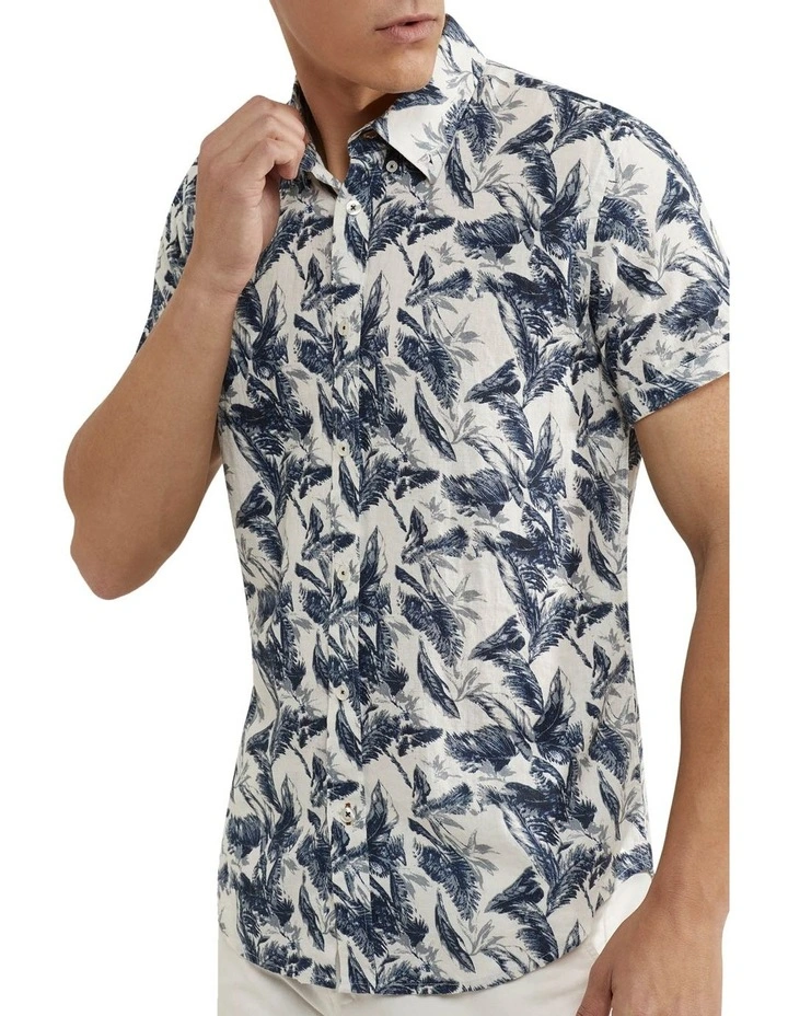 Oxford Tottenham Linen Rayon Printed Shirt In Navy/White - Image 4