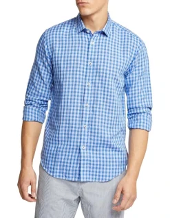 Oxford Kenton Linen Blend Checked Shirt In Blue/Sky