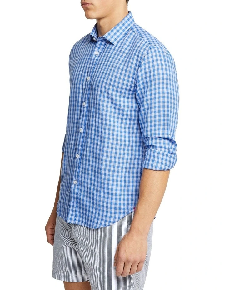 Oxford Kenton Linen Blend Checked Shirt In Blue/Sky - Image 3