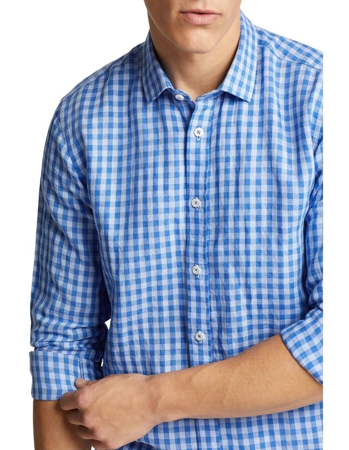 Oxford Kenton Linen Blend Checked Shirt In Blue/Sky - Image 4