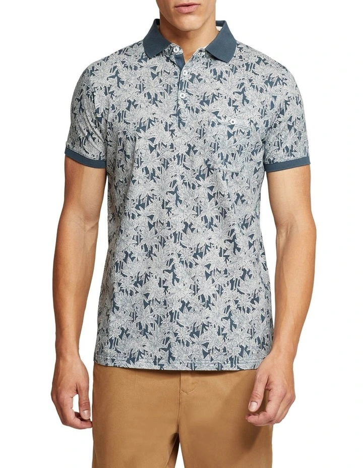 Oxford Morgan Palm Tree Printed Polo In Blue