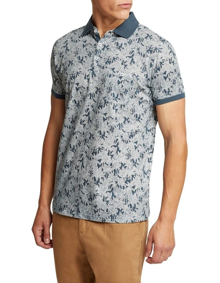 Oxford Morgan Palm Tree Printed Polo In Blue - Image 2