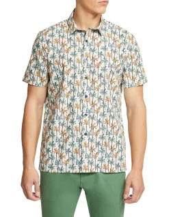 Oxford Leyton Short Sleeve Palm Tree Relax Shirt In Blue/Cream