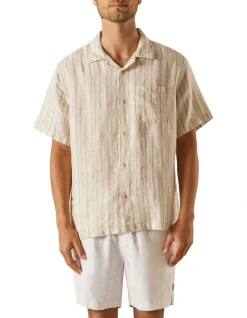 Article One Kole Linen Shirt In Beige Stripe
