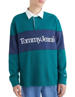Tommy Jeans Rlxd Serif Linear Rugby Shirt In Green