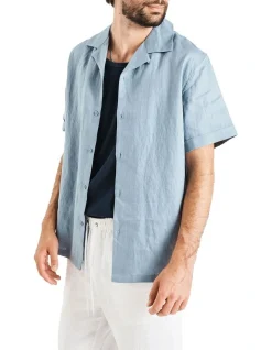 Coast Clothing Co Camper Short Sleeve Linen Shirt In Bluestone