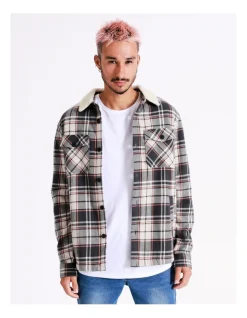 Kenji Chiron Check Long Sleeve External Sherpa Overshirt In Grey