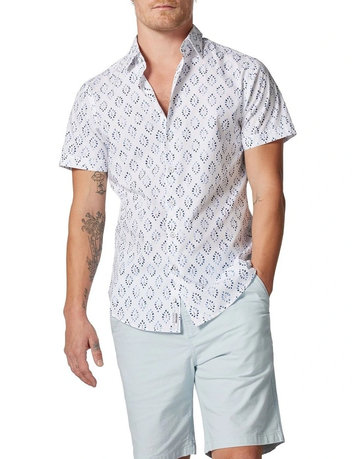 Rodd & Gunn Penguin Place Short Sleeve Sports Fit Shirt In Snow/Blue