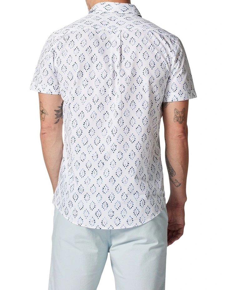 Rodd & Gunn Penguin Place Short Sleeve Sports Fit Shirt In Snow/Blue - Image 3