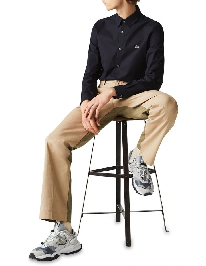 Lacoste Long Sleeve Slim Stretch Poplin Shirt In Blue - Image 3