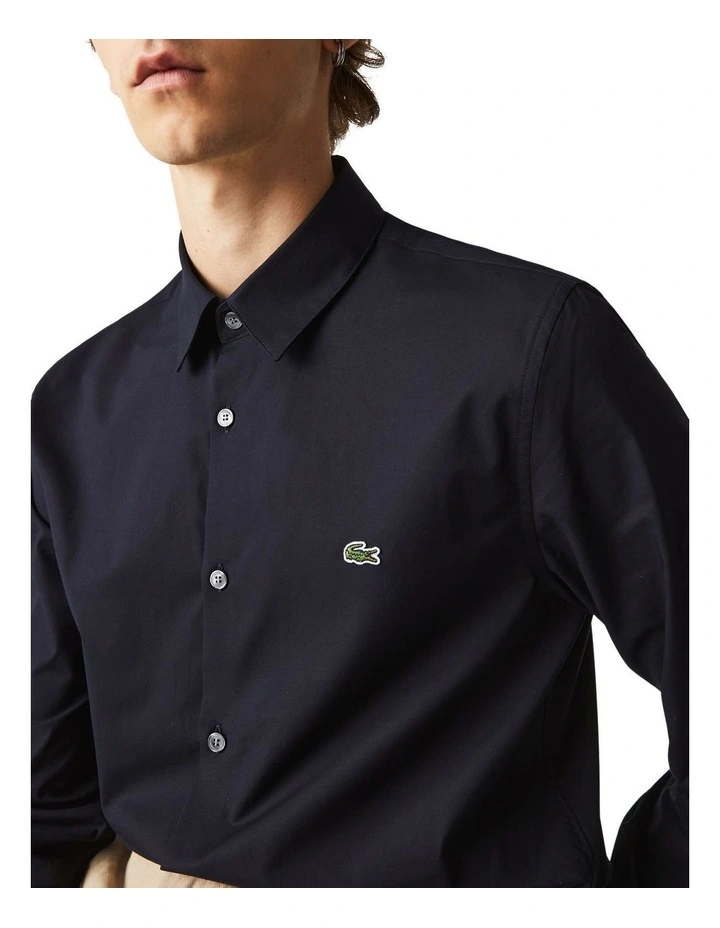 Lacoste Long Sleeve Slim Stretch Poplin Shirt In Blue - Image 4