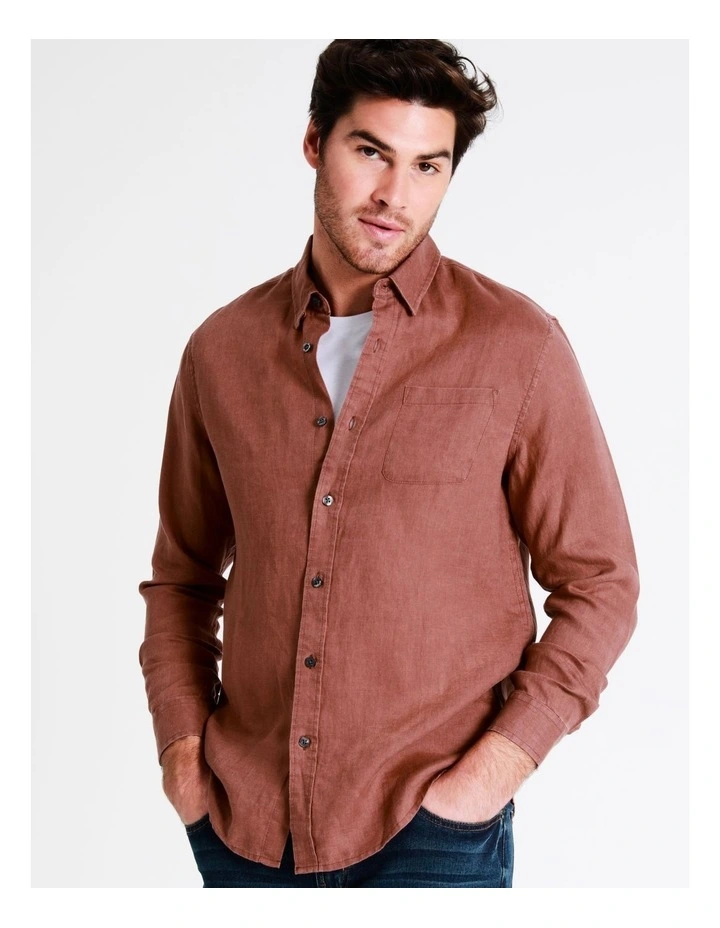 Maddox Alec Linen Long Sleeve Shirt In Orange