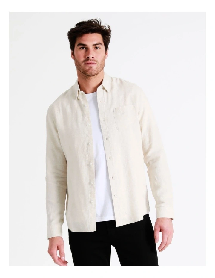 Maddox Alec Linen Long Sleeve Shirt In Beige - Image 4