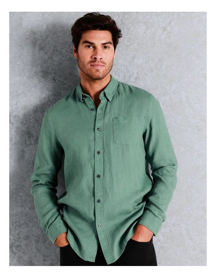 Maddox Alec Linen Long Sleeve Shirt In Green - Image 2