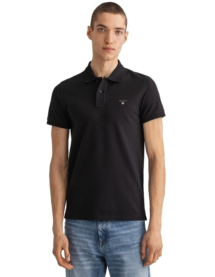 Gant Solid Fitted Pique Short Sleeve Rugger In Black