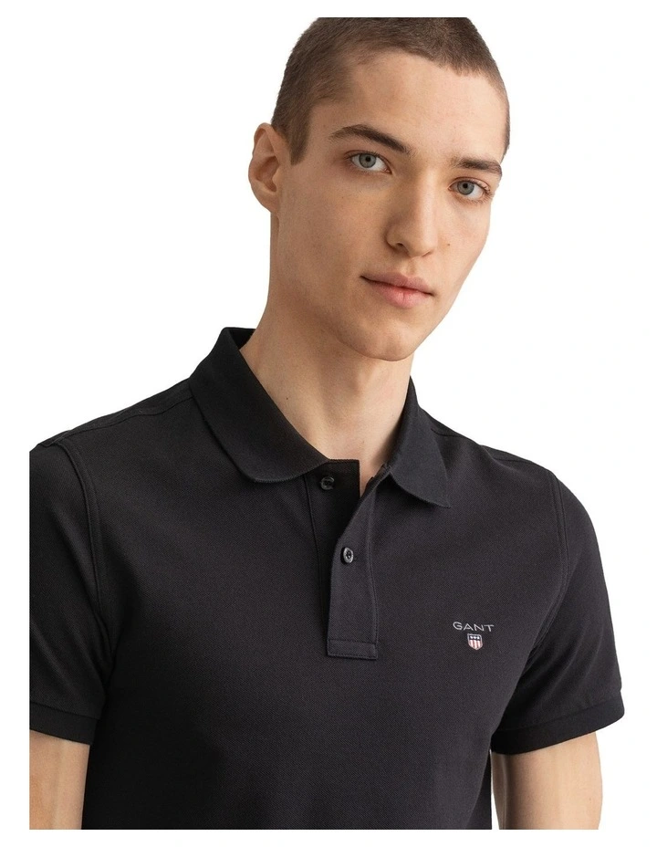 Gant Solid Fitted Pique Short Sleeve Rugger In Black - Image 3