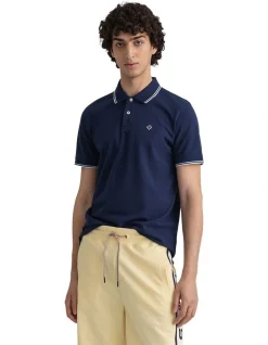 Gant Contrast Tipping Short Sleeve Rugger In Evening Blue
